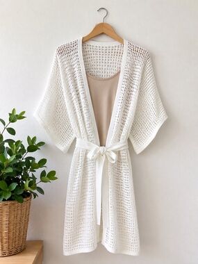 Vince Open Knit Belted Cardigan White Cotton NWT One Size
